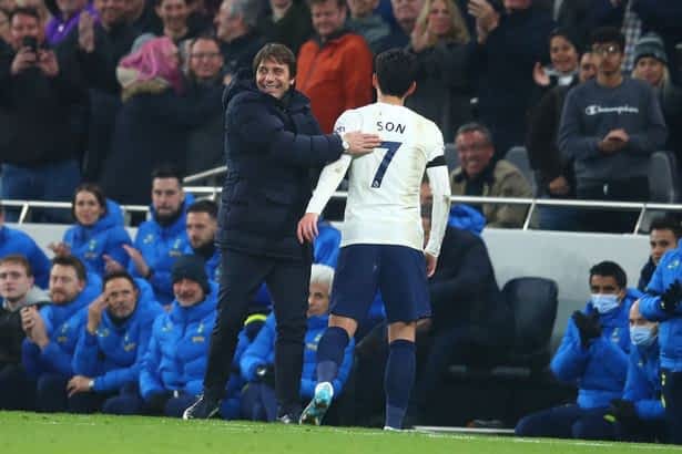 Antonio Conte embraces Son Heung-min after Tottenham's win over West Ham