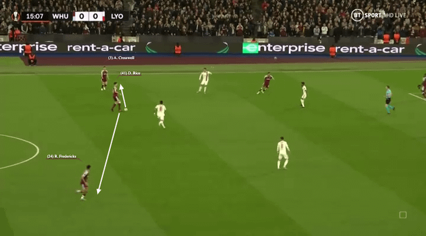 Declan Rice picks up a loose ball to restart West Ham's attack and has two safer passes.