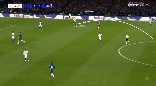 Jorginho again waits too long to release his eventual pass which is overhit, allowing Casemiro to intercept.