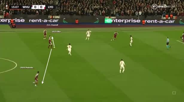Declan Rice picks up a loose ball to restart West Ham's attack and has two safer passes.